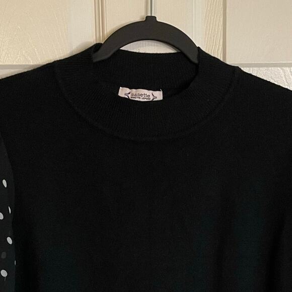 Nanette Lepore Mock Neck Sweater Sz L Polka Dot Sleeves Black White Shabby Chic - Picture 4 of 10